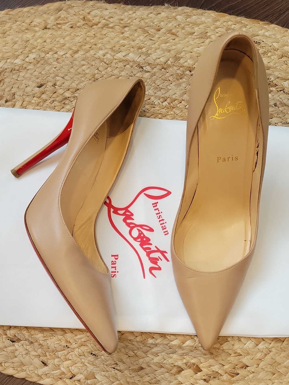 Christian Louboutin Kate Beige Leather Pointed-Toe  Pumps with Red Soles